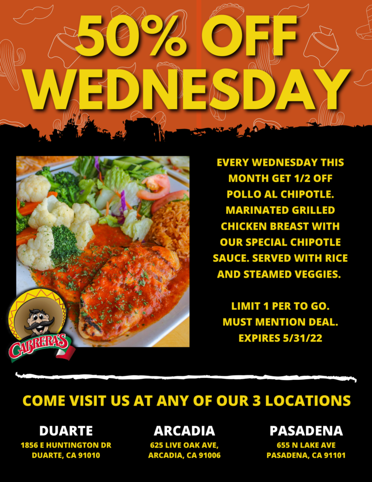 Cabrera's specials flyer for month of May showing Mexican food
