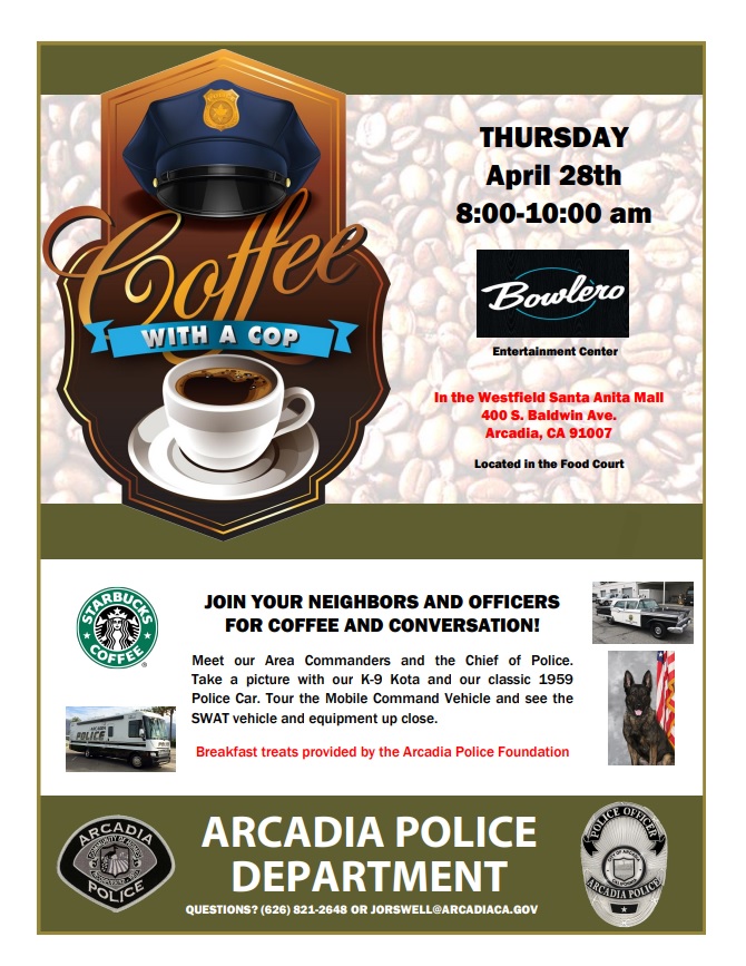 April Coffee with a Cop flyer showing coffee cup wearing police hat 