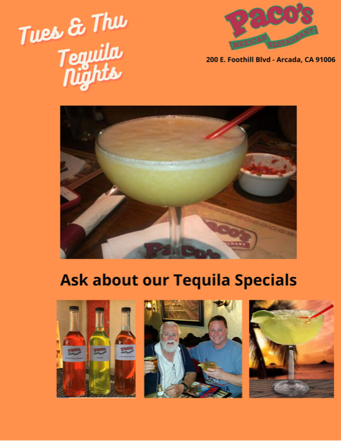 Paco's presents Tequila Nights flyer showing margarita and tequila