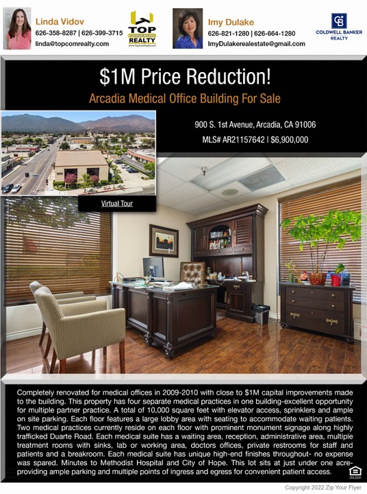 $1 million price reduction flyer for Linda Vidov realty from images of a building 