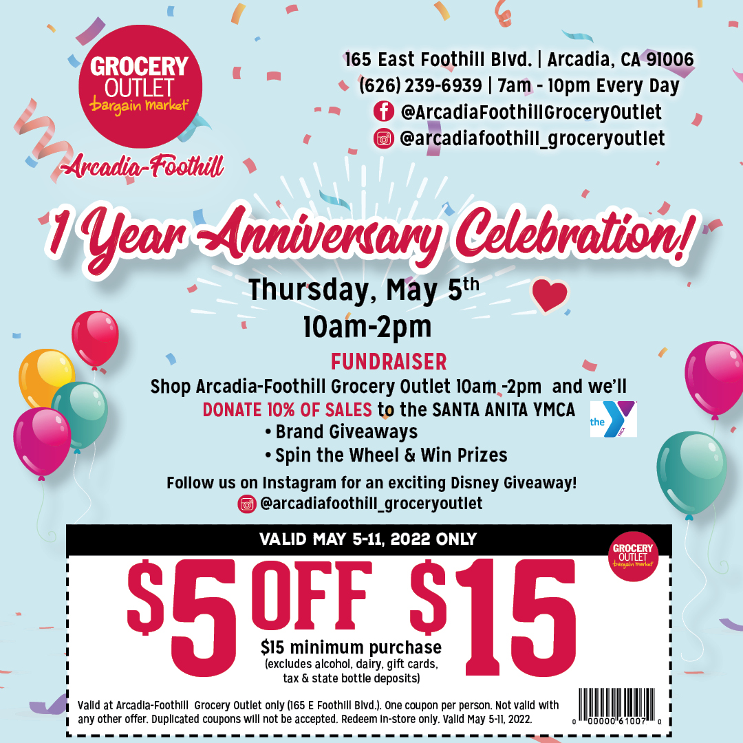 Grocery Outlet YMCA Fundraiser flyer for 1 year anniversary celebration 