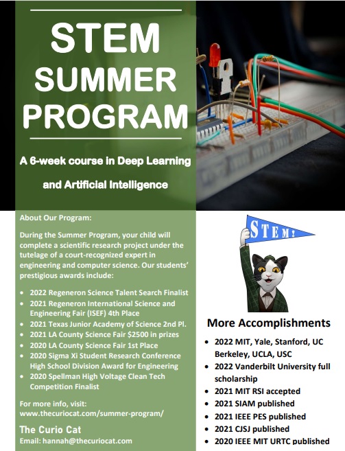 Curio Cat summer STEM program flyer of information on classes