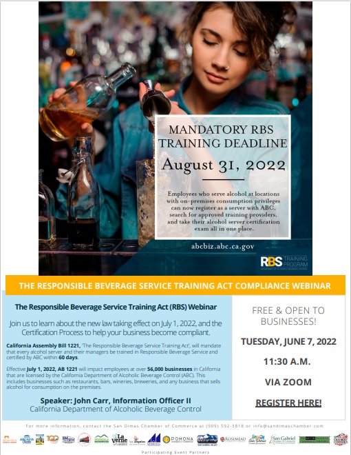 Mandatory Alcoholic Beverage Servers training flyer showing woman in blue pouring liquor 