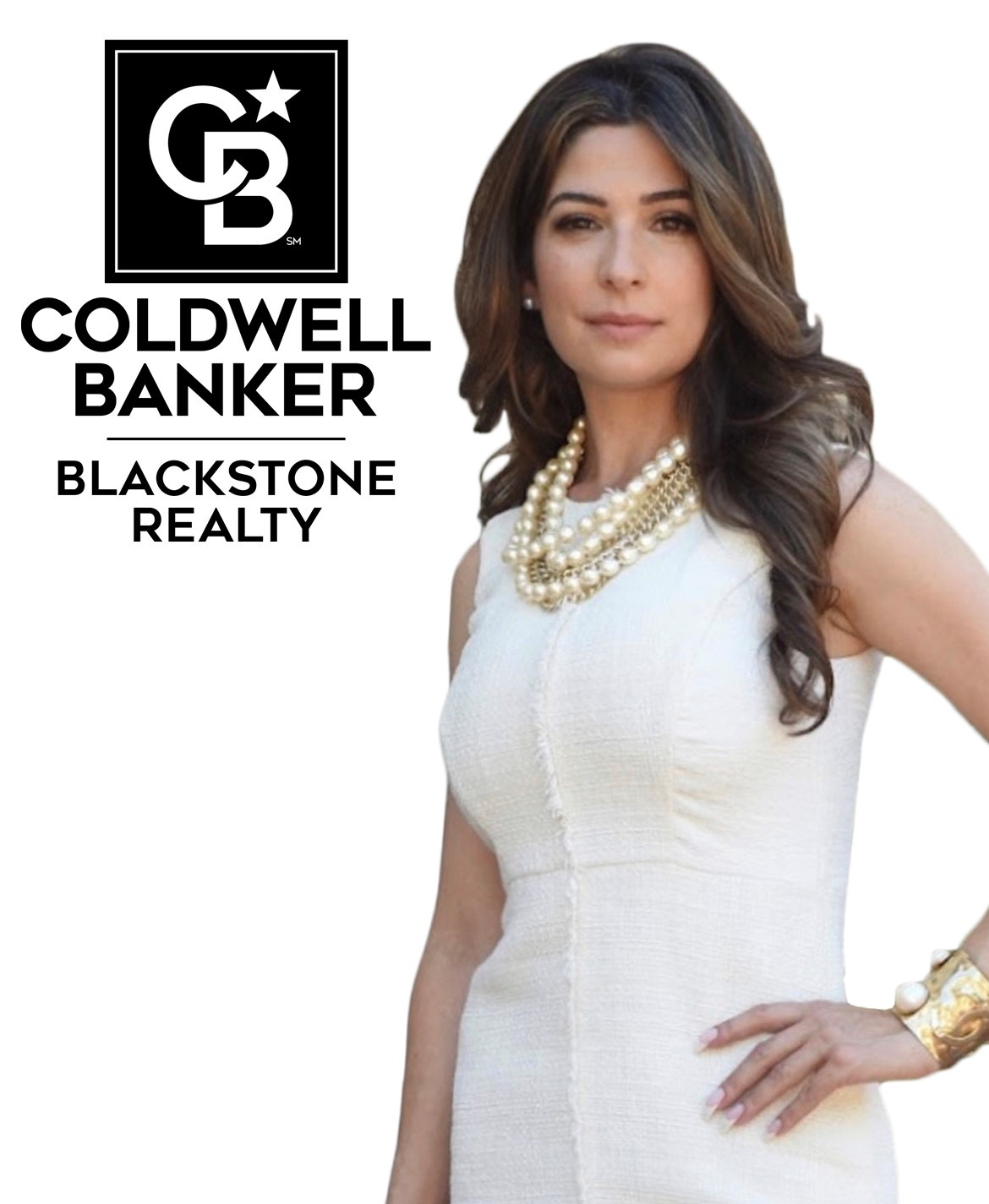 Margaux Gibson of Coldwell Banker Blackstone Realty shown in a white dress and pearls with hand on her hip