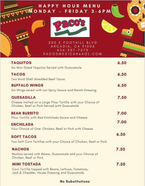 Paco's Mexican Restaurant happy hour menu Monday through Friday