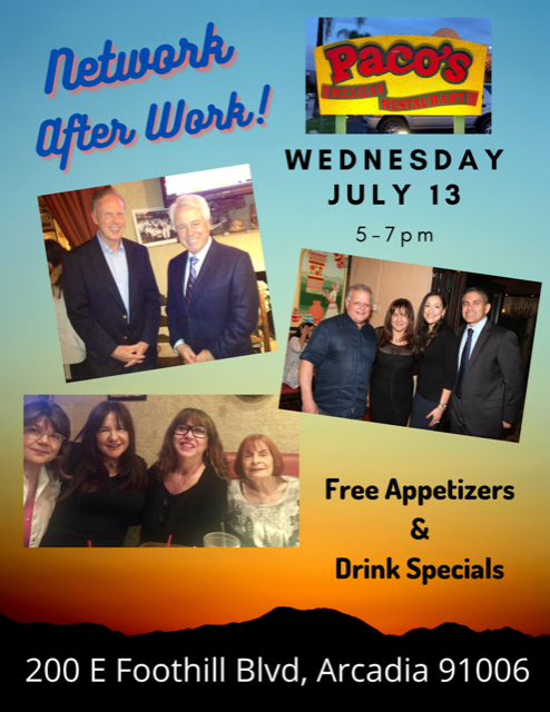 Paco's Networking after Work mixer flyer showing people standing togethe