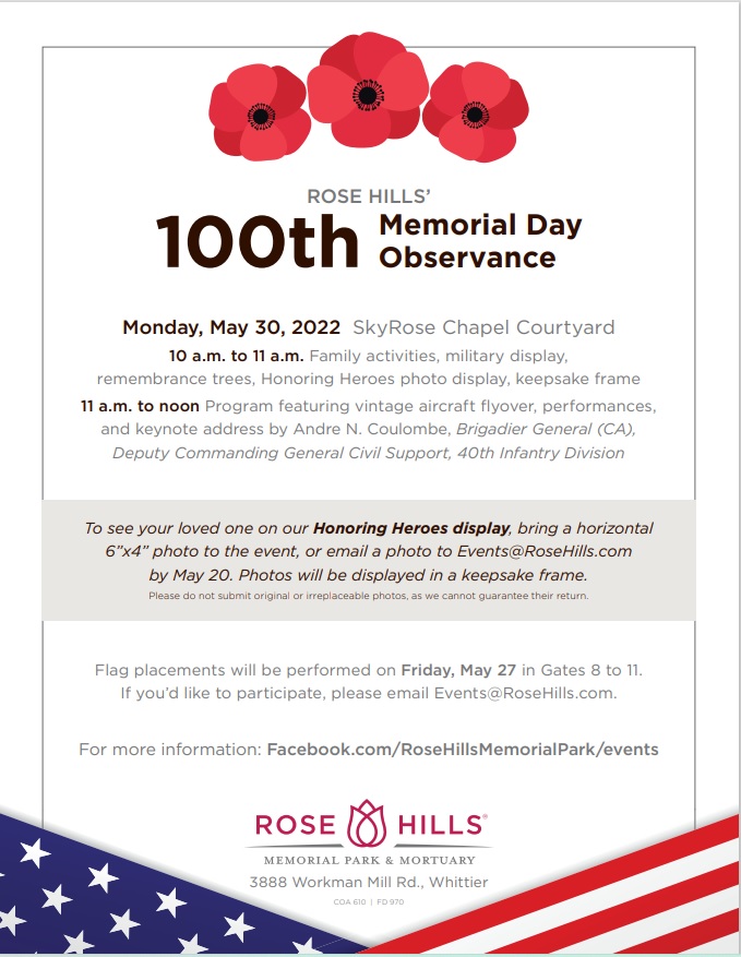 Rose Hills flyer for 100th Memorial Day Observance