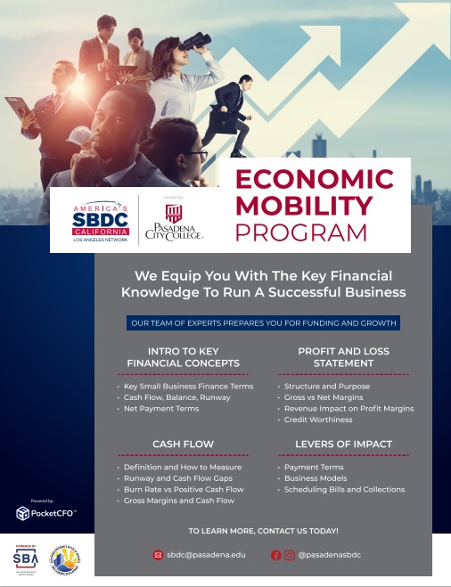 SBDC Economic Mobility Program flyer with events listed 