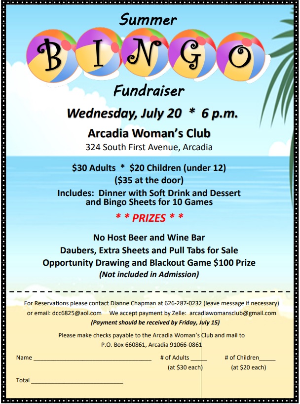 Arcadia Woman's Club summer bingo flyer with sign up info 