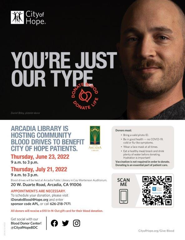 Arcadia Public Library blood drive information flyer 