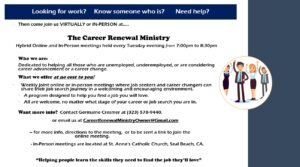Career Renewal Ministry flyer explaining what the organization does