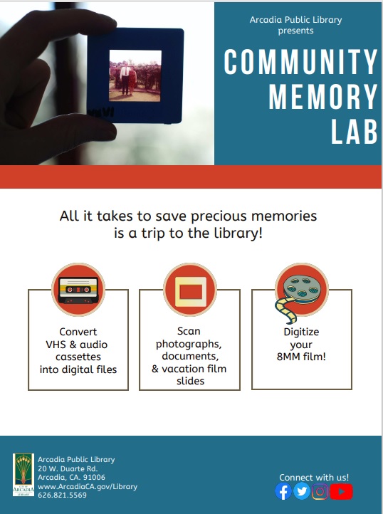 Arcadia Library's Community Memory Lab flyer 
