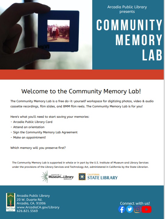 Arcadia Public Library Community Memory Lab flyer 