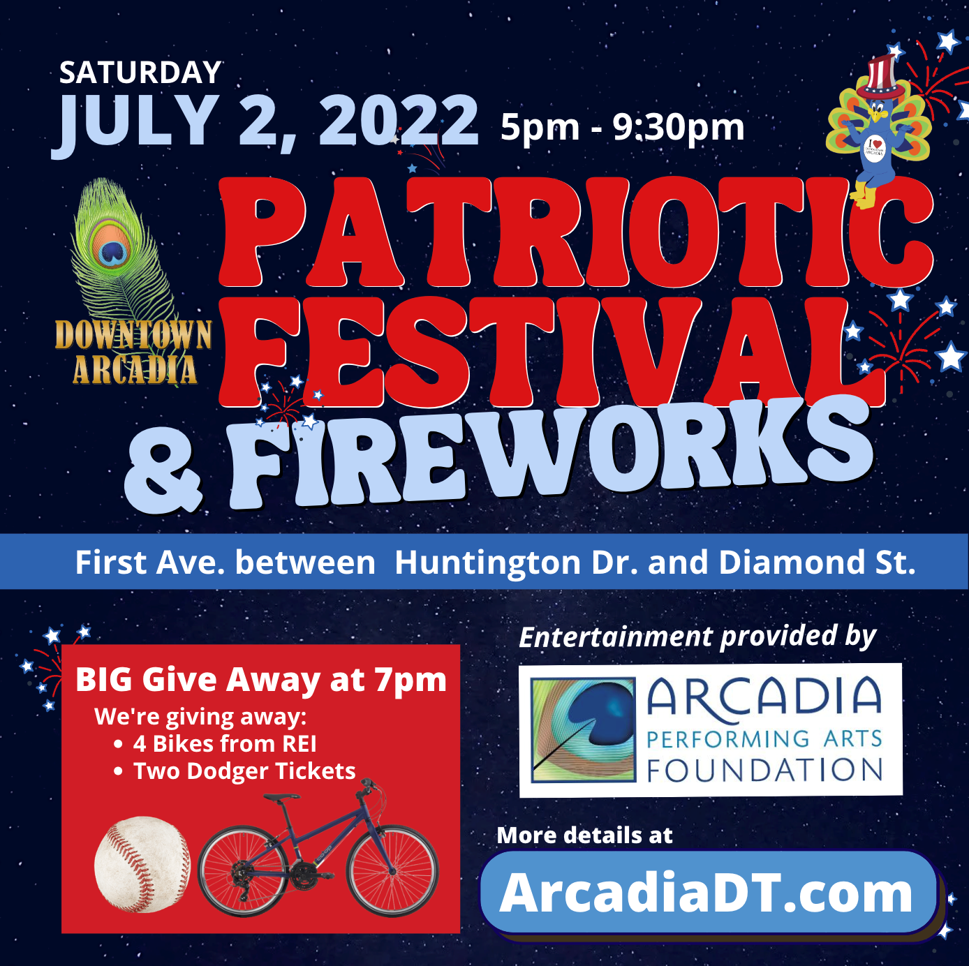 flyer for Downtown Arcadia's Patriotic Festival with Fireworks 
