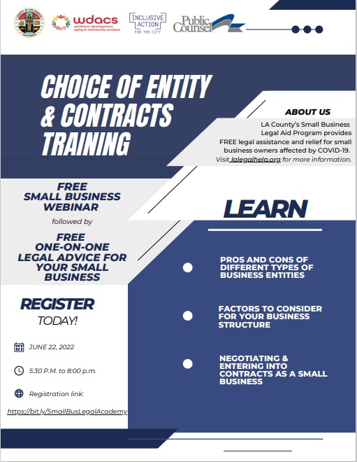 Small Business Legal Academy - Choice of Entity and Contracts Training  flyer