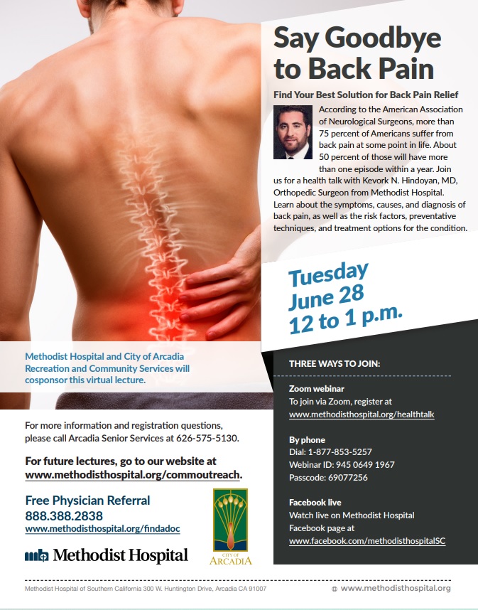 Methodist Hospital flyer for virtual Health Talk on Back Pain