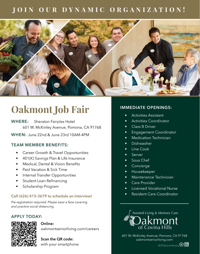 flyer for Oakmont of Covina's job fair with information 