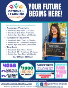 Options for Learning is hiring flyer showing job opportunity information 