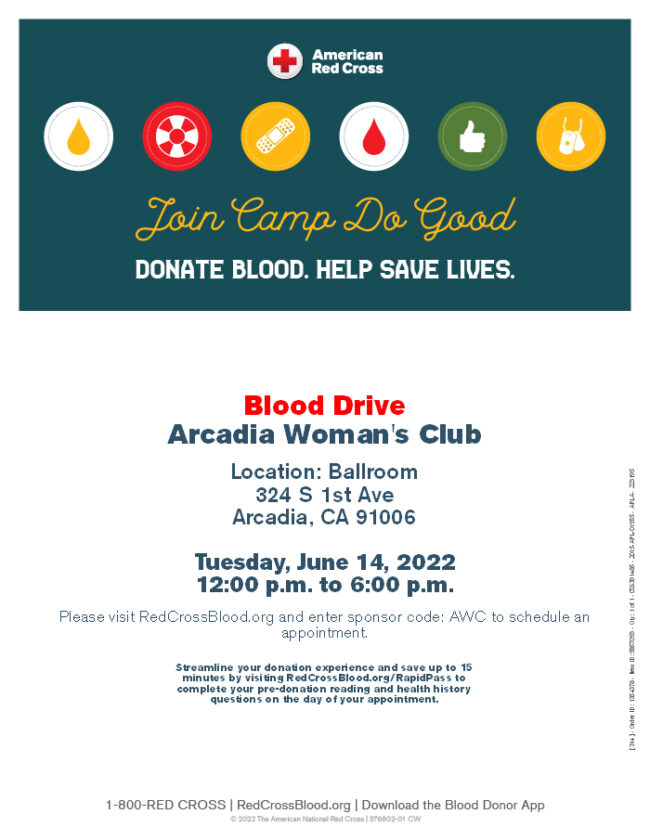 Arcadia Woman's Club Blood Drive with American Red Cross for June 14