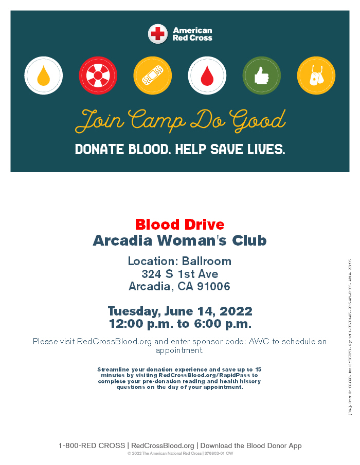 Arcadia Woman's Club Blood Drive with American Red Cross for June 14