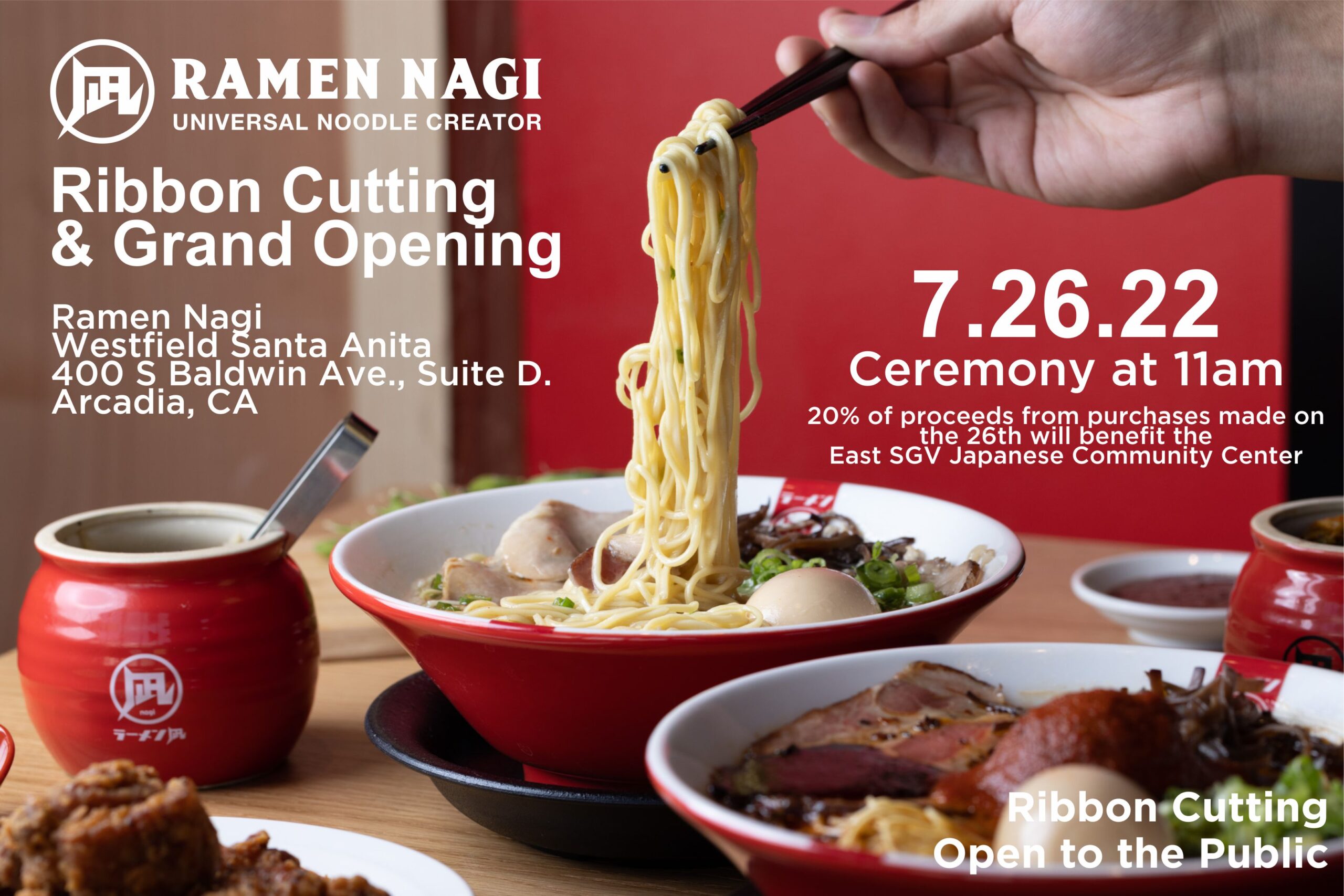 Ramen Nagi ribbon cutting and grand opening showing bowl of noodles on red background