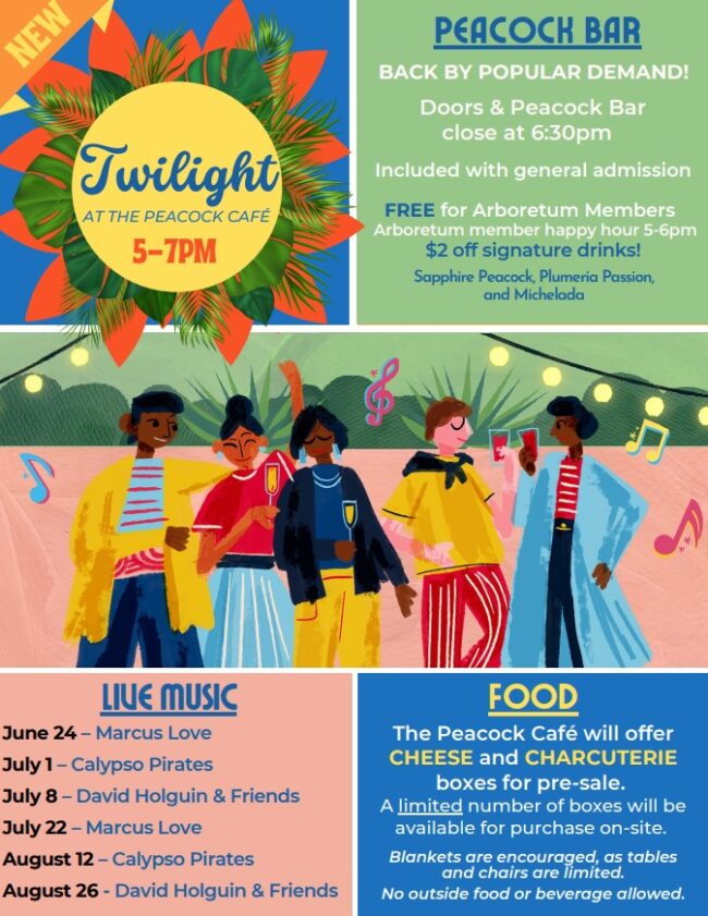 Twilight at the Peacock Cafe flyer showing group of cartoon people standing outside