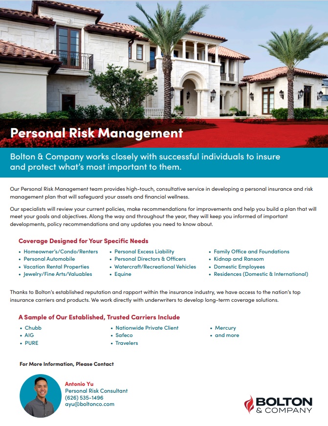 Bolton & Co Personal Risk Management information from Antonio Yu