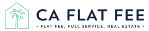 green and white logo for CA Flat Fee showing palm tree drawing inside a house