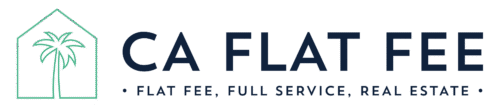 green and white logo for CA Flat Fee showing palm tree drawing inside a house