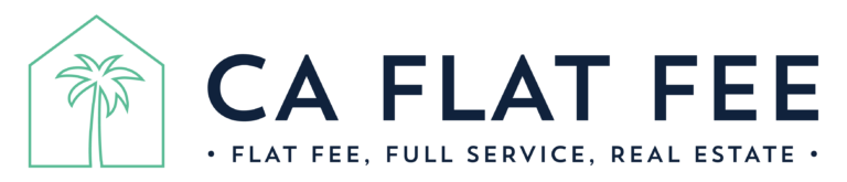 green and white logo for CA Flat Fee showing palm tree drawing inside a house