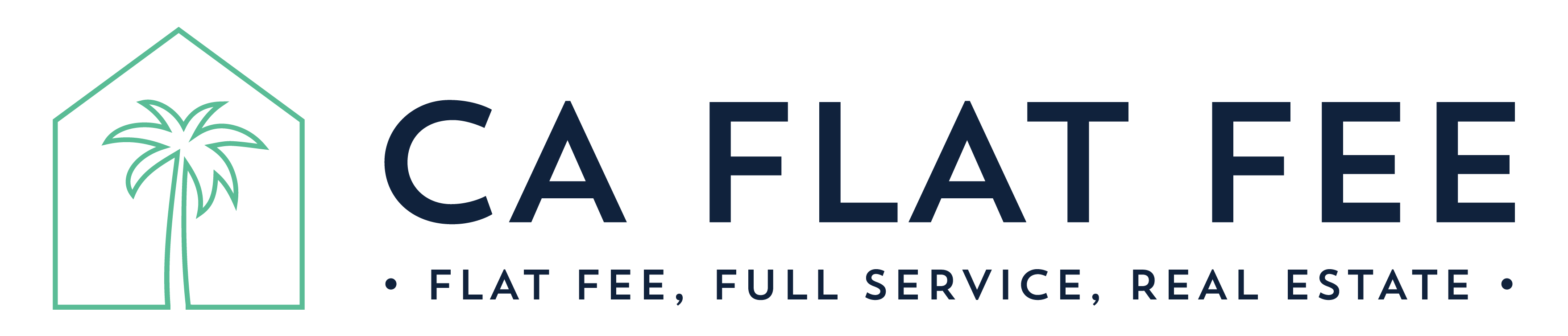 green and white logo for CA Flat Fee showing palm tree drawing inside a house