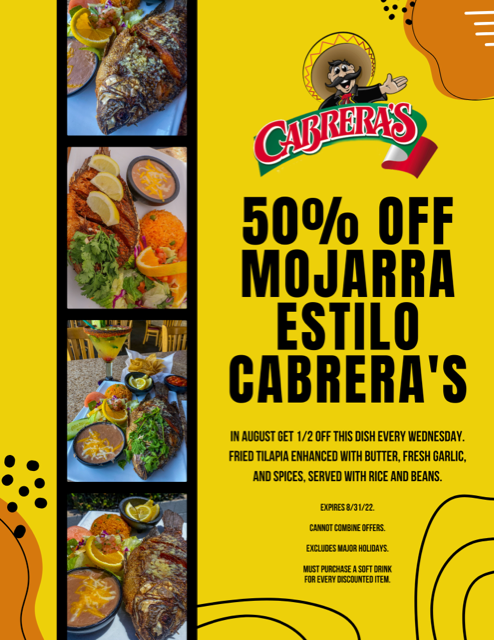 Cabrera's August promo flyer showing tilapia platters and Cabrera's logo 