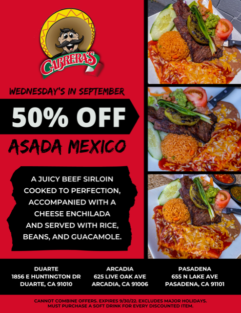 Cabrera's flyer for September 50% asada Mexico special