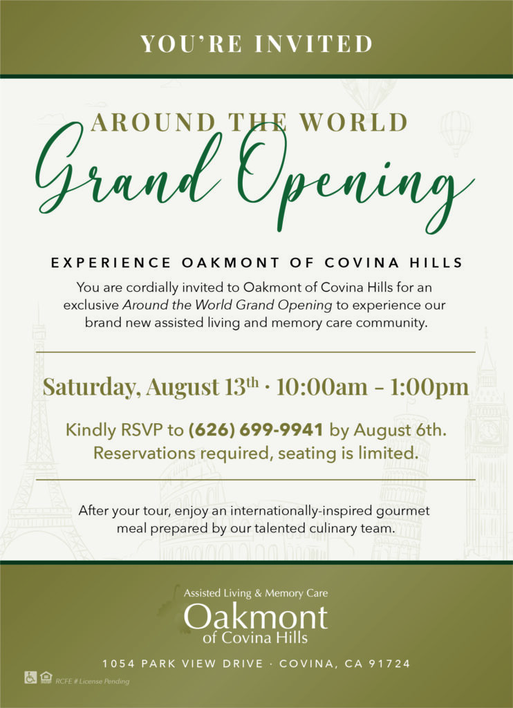 Oakmont of Covina Hills gold flyer for grand opening