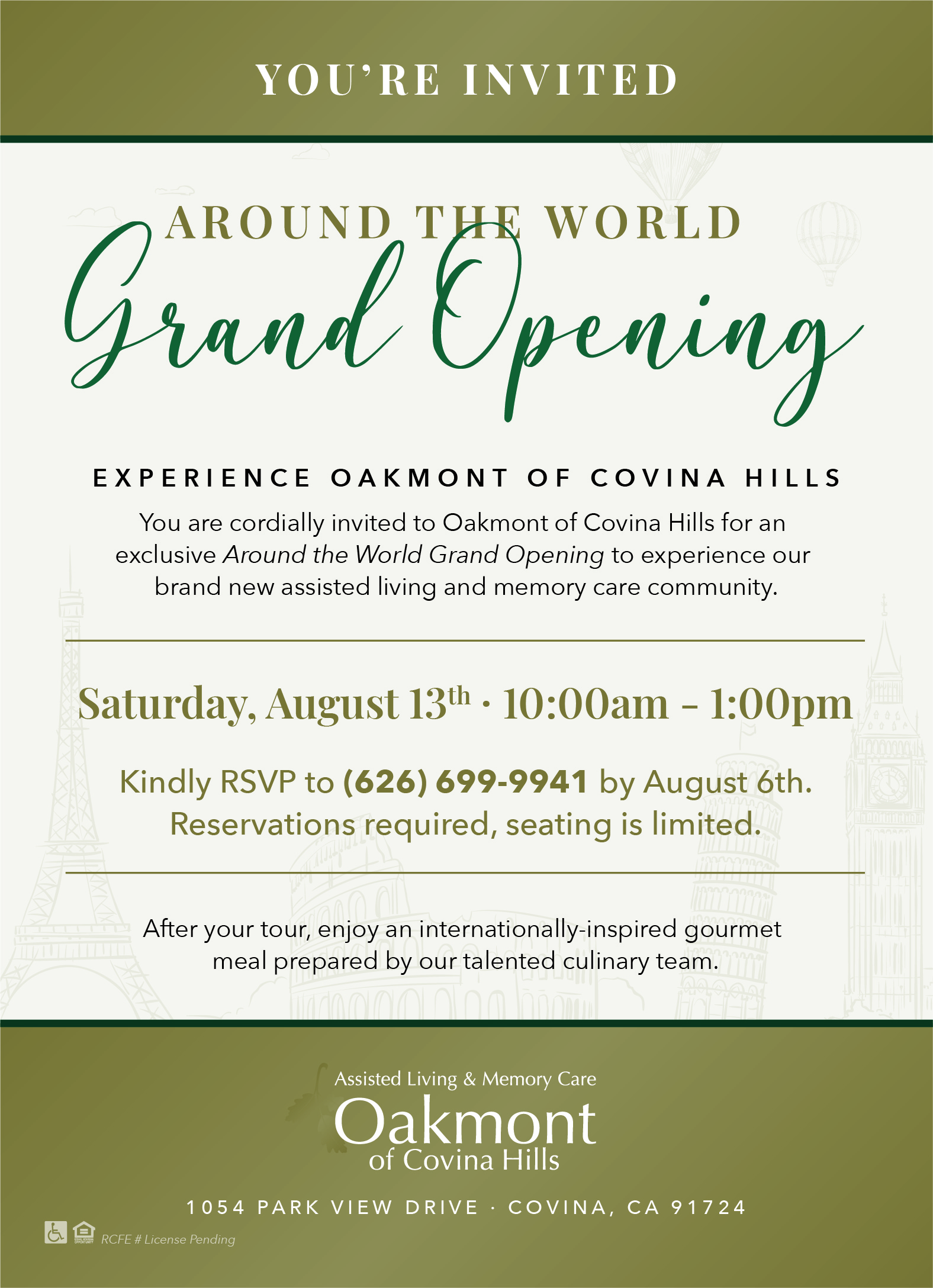 Oakmont of Covina Hills gold flyer for grand opening 