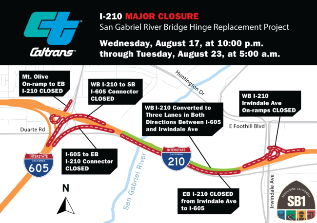 CalTrans closures for 210 map