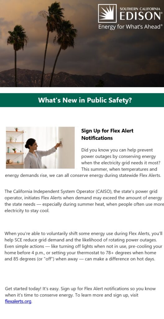 Edison newsletter Flex Alert information with header showing palm trees against dark sky