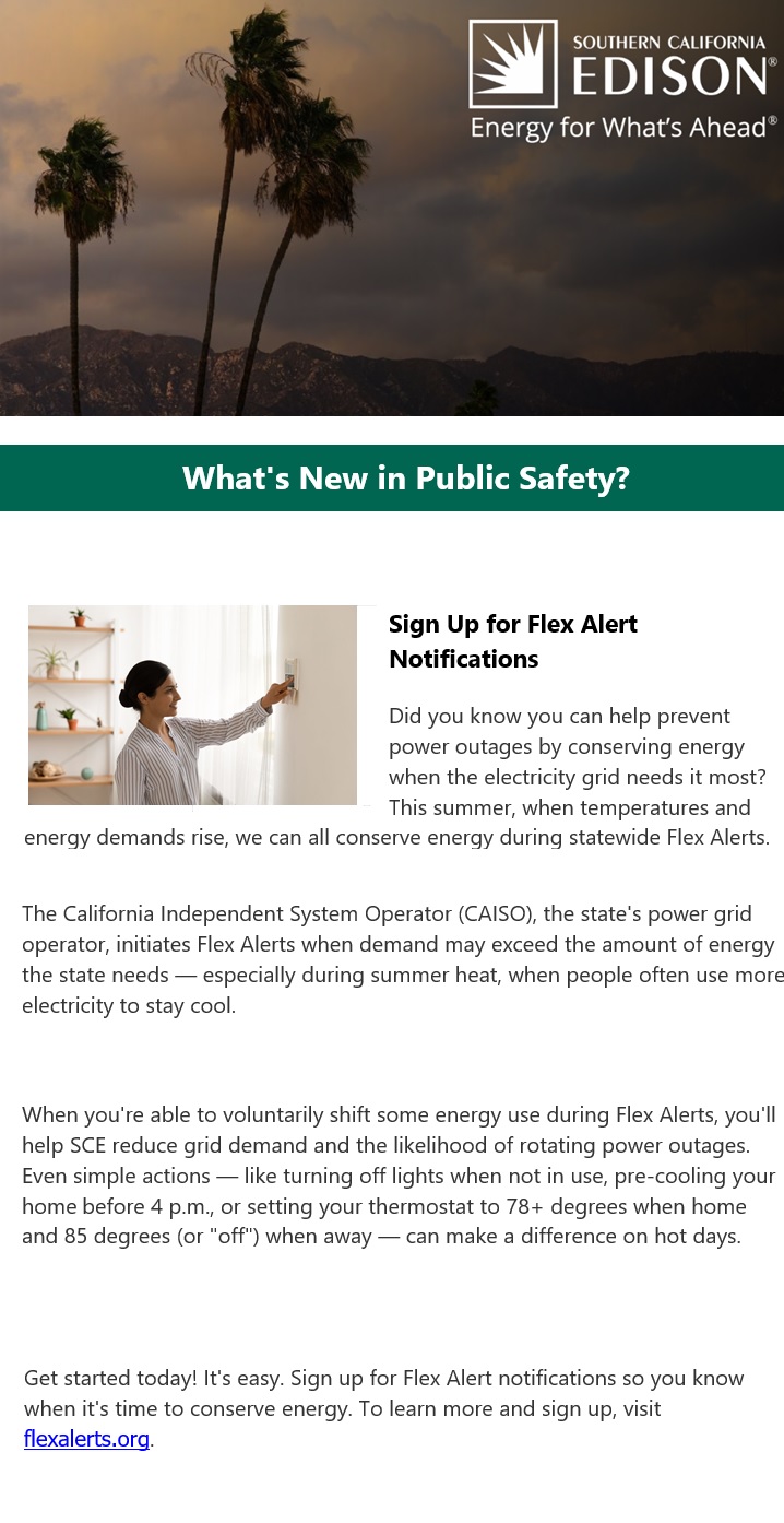 Edison newsletter Flex Alert information with header showing palm trees against dark sky