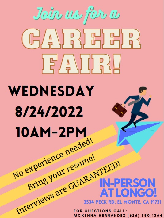 Longo Career Fair flyer in pink with cartoon man in suit running on paper airplane