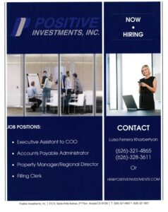 Positive Investments hiring flyer in blue showing office scenes