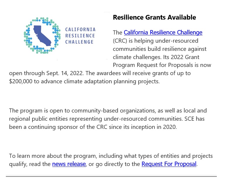 Edison newsletter of info for Resilience Grants AVailable 