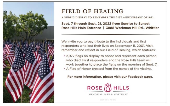 Rose Hills Field of Healing flyer showing flags in a field
