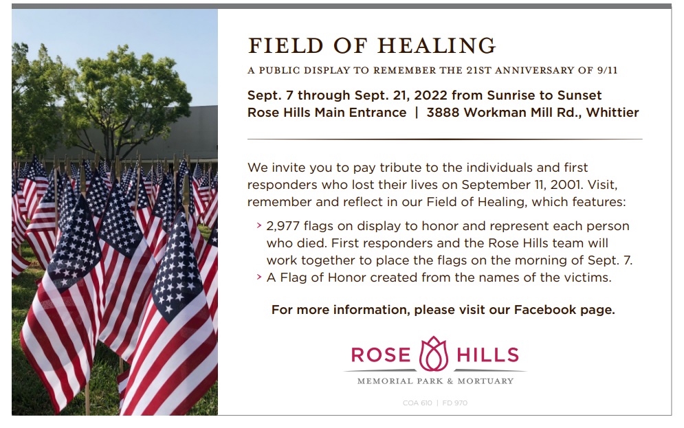 Rose Hills Field of Healing flyer showing flags in a field 
