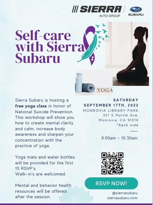 Sierra Subaru flyer for Self Care with Subaru showing text and woman in profile doing a yoga pose