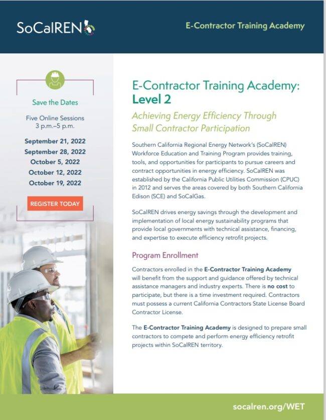 SoCalREN flyer of information for E-Contractor Training Academy showing two men in construction helmets