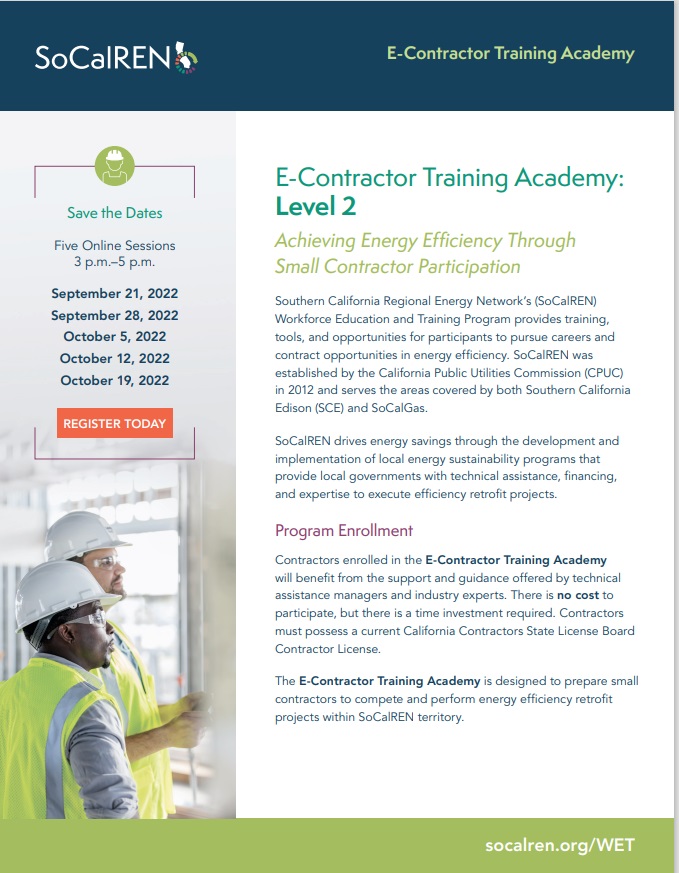 SoCalREN flyer of information for E-Contractor Training Academy showing two men in construction helmets 