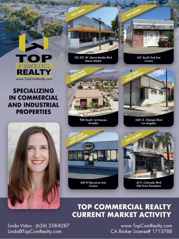 Linda Vidov flyer showing six square images of commercial real estate properties for sale 