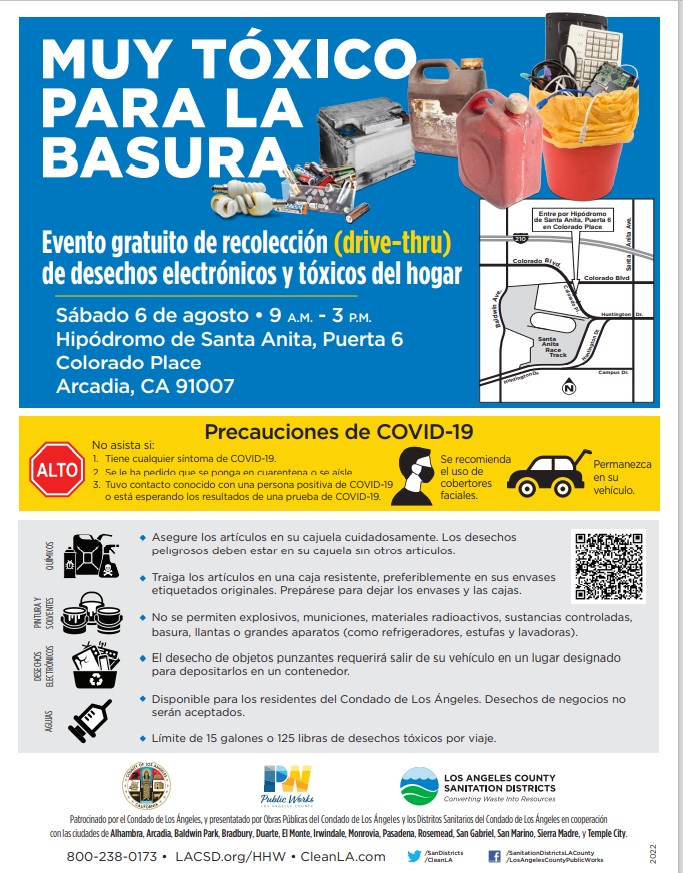 blue and yellow flyer in spanish for hazardous waste event at Santa Anita Park 