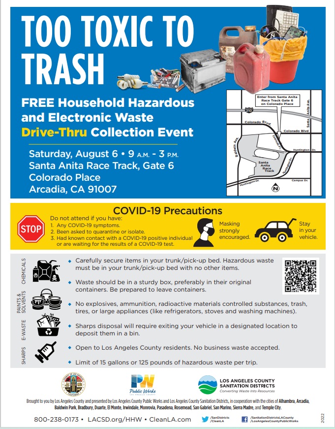 blue and yellow flyer for hazardous waste collection event at Santa Anita Park 