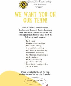 Lemon Drop Cookies yellow and black flyer showing hiring information 